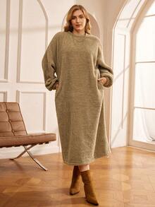 Rosumi Lässiges, einfarbiges Große Größen-Kleid mit Drop Shoulder und lockerer Passform, Herbst-/Winterkleidung für Damen, gemütliche Herbst- und Winterkleidung für Damen, Silvesterkleidung, braunes Kleid - Braun - Übersicht 8