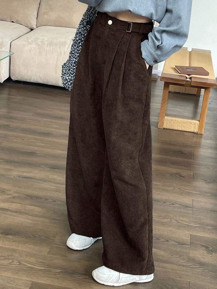 Women's Loose Fit Wide Leg Corduroy Pants With Pockets
