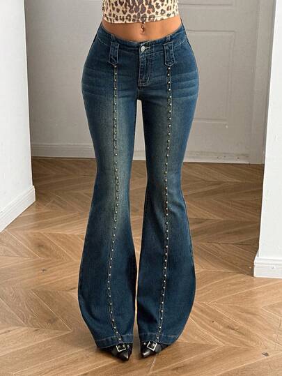 StreetHx Retro Rivet Deconstruction Low Waist Flare Leg Jeans