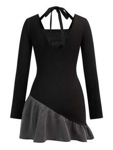 Shutterstock Y2Kool Women's Winter Black And Gray Halter Neck Rose Angel Wings Print Knit-Woven Patchwork Slim-Fit Hot Girl Y2K Mini Dress Long Sleeve Top Gothic Tops Goth Women Clothes Rose Top Emo Top Stylish Clothing Collection New Year Outfits Goth Dress Emo Dress Punk Dress Elegant Goth Women Clothing Anime Women Clothing Goth Tops Gyaru Graphic Dress - Black - View 2