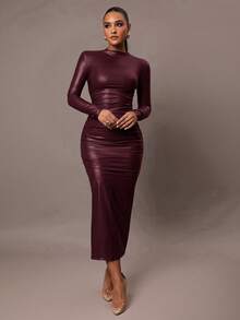 Silquee Women's Autumn And Winter Simple Daily Date Elegant Fashion Tight Sexy Solid Color Super Elastic PU Women's Big U-Neck Sleeveless Romantic Date Autumn And Winter Bottoming Dress Night Wear High Quality Garri Cloth, Shoulder Pad Design Full Of Aura, Solid Color Brown Mid-Length Slim Dress