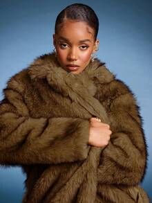 Normani Lapel Neck Long Sleeve Open Front Fuzzy Coat For Winter - Coffee Brown - View 5
