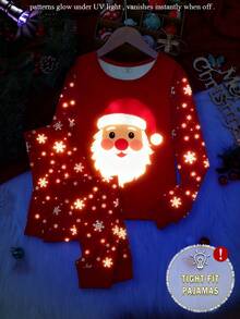 青少年女孩圣诞主题红色睡衣，圣诞老人印花搭配雪狐图案，夜光针织弹力长袖上衣和裤子 2 件套睡衣套装 - 紅色 - 查看 3