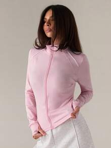 SHEIN BAE Sporty Chic Contrast Color Zip Up Fitted Yoga Jacket, Elegant Design For Workout, Daily Life & Casual Wear - Baby Pink - View 6