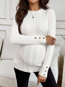 MaterniWear 秋装、秋季服装、孕妇秋冬服装、孕妇休闲圆领长袖麻花毛衣、秋冬白色毛衣、女士长款毛衣、孕妇毛衣、女士麻花针织毛衣、女士白色毛衣、孕妇衬衫、孕妇秋冬服装、女士白色开衫、女士白色针织毛衣 - 白色 - 查看 4