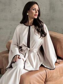 Firerie Conjunto elegante minimalista de mujer para uso diario, compuesto por un cárdigan de cuello redondo con volantes en contraste de color albaricoque y negro, de manga larga, y pantalones rectos sueltos. Nuevo conjunto elegante de dos piezas para otoño/invierno, atuendo para maestras, uso al aire libre