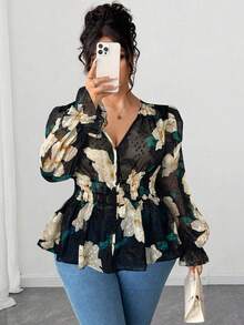 Elenzga Plus Size Women Floral Print Ruffle Hem Blouse, Suitable For Back To School, Graduation Printemps - Black - View 1