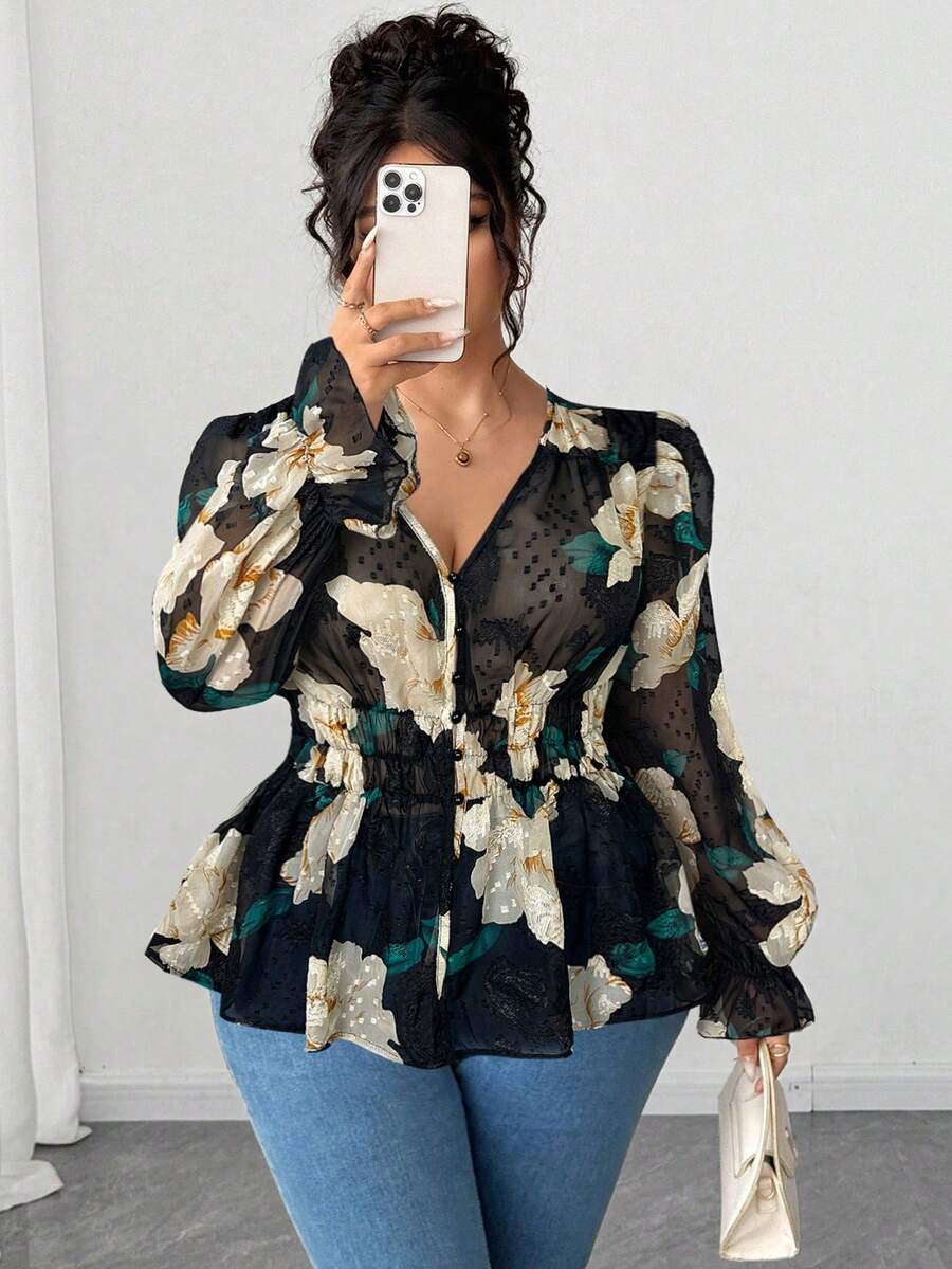 Elenzga Plus Size Women Floral Print Ruffle Hem Blouse, Suitable For Back To School, Graduation Printemps - Black - View 1