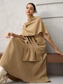 Heiryn 2 Stücke Damen Set aus einfarbigem Kleid mit Stehkragen und ärmellos mit Rüschensaum und Überwurf