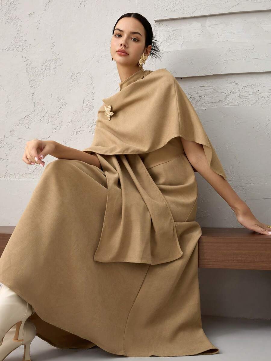 Heiryn 2 Stücke Damen Set aus einfarbigem Kleid mit Stehkragen und ärmellos mit Rüschensaum und Überwurf