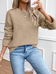 EMERY ROSE Women's Khaki Round Neck Reverse Cuff Fashionable Versatile Simple Wool Blend Pullover Sweater - Khaki - View 7