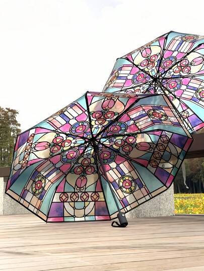 彩色玻璃风格透明雨伞 - 复古窗花与浪漫诗歌设计，自动和手动开合，可折叠且紧凑，适合旅行，防水防风，8 根伞骨耐用（玻璃纤维/铝合金框架）