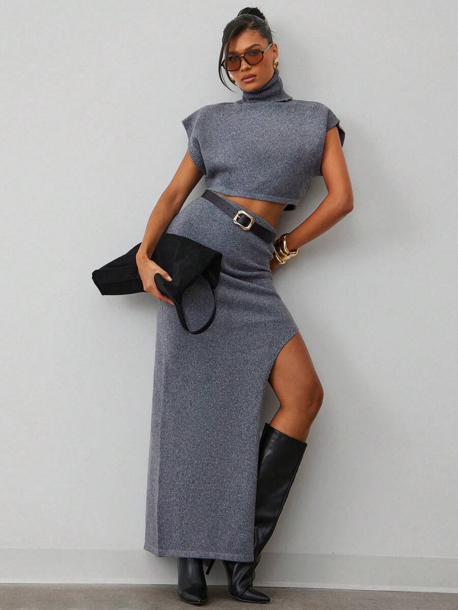 Hauture Lowkey Demure Sexy Casual Melange Two Tone Knitted High Waisted High Slit Sweater Maxi Skirt - Dark Grey - View 1
