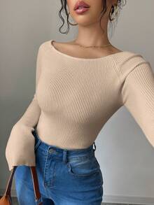 Elenzga 1 Áo len bó tay loe trễ vai cho nữ - Màu be - Xem 8