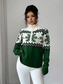 SHEIN Elenzya Sweater Wanita Elegan dengan Resleting Motif Fair Isle dan Blok Warna, Desain Natal, Musim Gugur/Dingin - Hijau - View 4