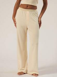 MUSERA ESSENTIALS Elastic Waist Detail Straight Leg Soft Rib Trousers Autumn Winter Fall Underwear Everyday Cosy Lounge Essential Spring Summer Vacation Holiday - Apricot - View 2