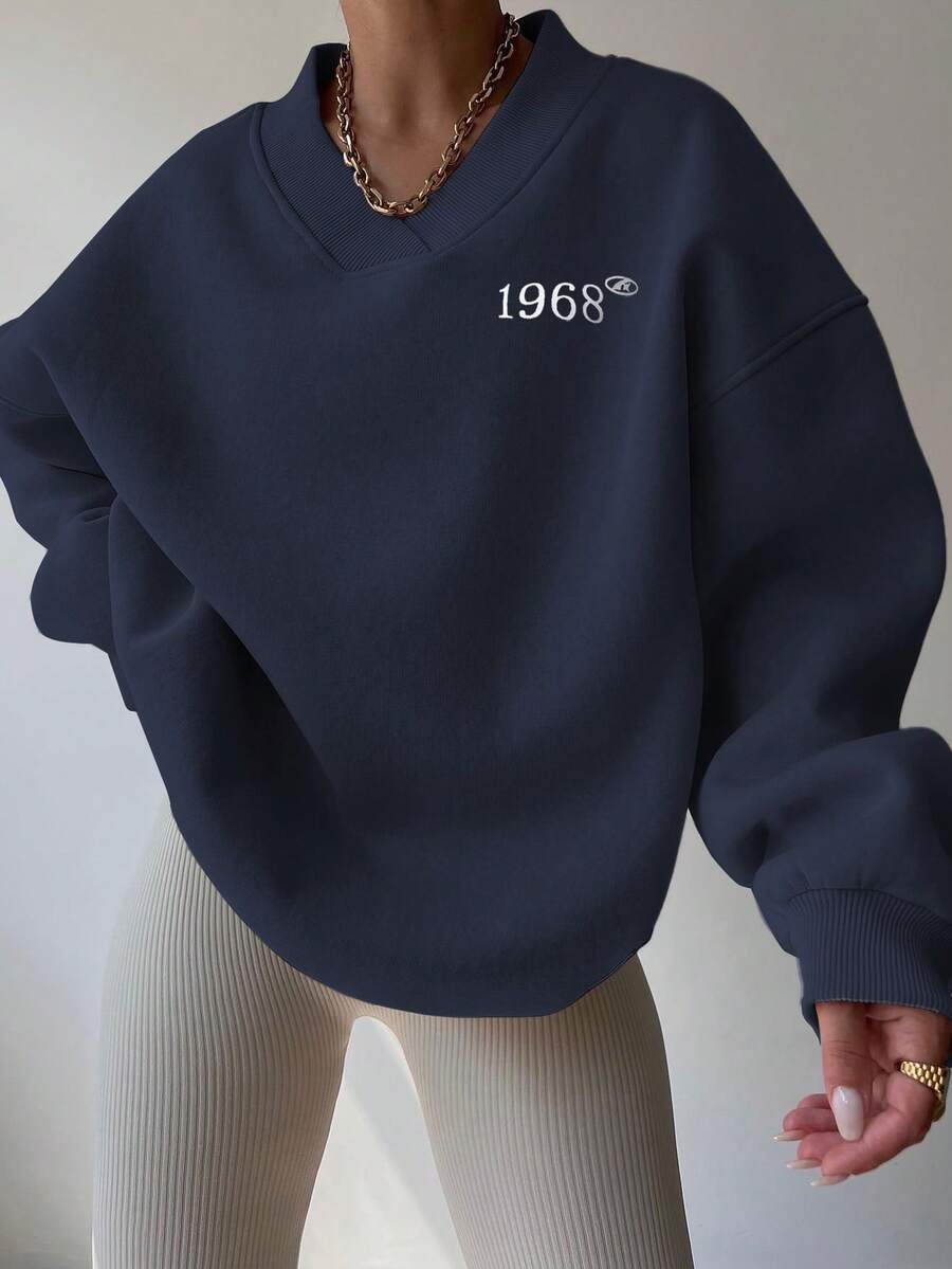 INAWLY Women's Dropped Shoulder Long Sleeve Numeric Pattern V-Neck Casual Versatile Sweatshirt - Navy Blue - View 1