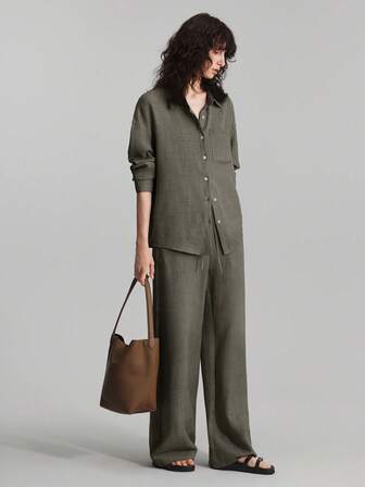 Ontre 2 piezas Conjunto de ropa de casa para mujer de otoño/invierno, atuendo casual de resort de playa, pantalón largo + camisa de manga larga, ropa casual urbana de resort de playa, atuendo clásico