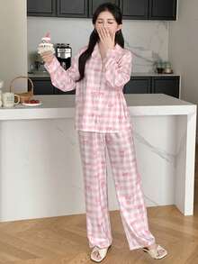 SHEIN Teen Girls 2pcs Valentine's Day Pajama Set, Pink Cute Bow Plaid Pattern Pocket Lapel Long Sleeve Top And Straight Leg Loose Casual Pants Pj Set Pink Plaid Pajama Set Cute Pj Set Cute Pajama Set - Pink - View 3