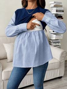 SHEIN Maternity Casual Striped Patchwork Nursing Top, Autumn