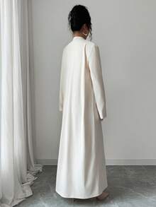 Elenzga Round Neck Hollow Out Brushed Knit Ribbed Autumn/Winter Warm Bodycon Waist Design Dress Long Sleeve, Can Be Worn Inside Or Outside, Shawl Collar Open Front Loose Long Cardigan, Elegant French Style Commuting & Date 2-Piece Set For Women