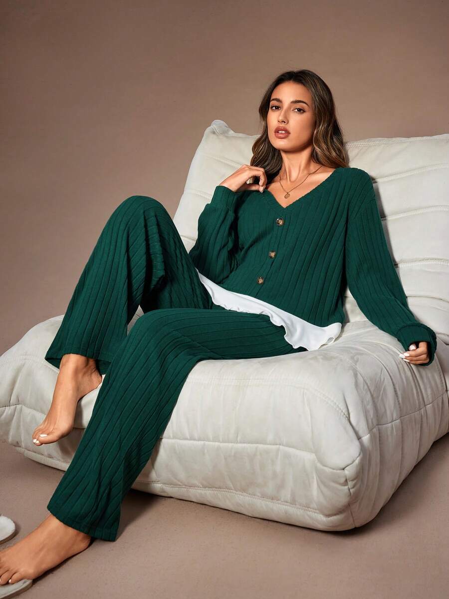 Lazeform Damen bequemer, lässiger Rüschen-Saum Loungewear Set in Grün, Langarm-Top & Hose Loungewear Set, Herbst- & Winterkleidung