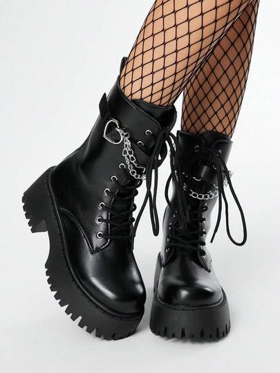 Grunge Punk Women's Dark Punk Rock Gothic Lace-Up Motorcycle Boots, Platform Thick Sole Ankle Boots Short Boots, Halloween
