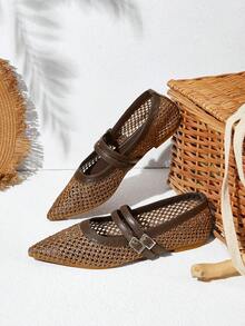 Styleloop Sepatu Kasual Wanita Ujung Lancip, Bahan Tenun Datar, Cokelat Kopi, Nyaman untuk Sehari-hari, Pesta, Pantai, Desain Bertali - Coffee Brown - View 2