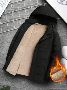 Manfinity Homme Chaqueta con capucha de invierno para hombres, de unicolor, de manga larga, con forro térmico, para uso casual. Chaqueta negra para hombres. Ropa de abrigo para hombres. Ropa de invierno para hombres. Ideal para actividades diarias, de ocio, fines de semana, actividades al aire libre, viajes, entornos de trabajo relajados o ocasiones semi-formales. Regalo para novio/esposo, regalo de aniversario, atuendos navideños. - Negro - Ver 3
