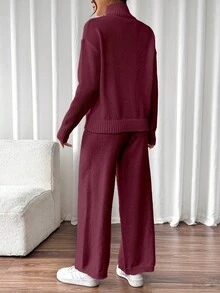 SHEIN LUNE 女式纯色高领落肩长袖毛衣和针织裤休闲两件套，秋冬 - 酒紅色 - 查看 2