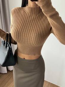 DAZY Sweater Pullover Kasual Wanita Model Turtleneck Pendek Pas Badan - Unta - View 3
