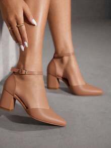 Zapato de vestir con tacón grueso, diferentes colores, punta puntiaguda y correa de tobillo para mujer, adecuados para ir a trabajar, citas, fiestas y vacaciones de otoño, Año Nuevo, Día de San Valentín, cualquier estación del año - Beis - Ver 3