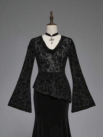 Goth Gotische Bluse mit floraler Flocken-Glockenärmel und weiter Form