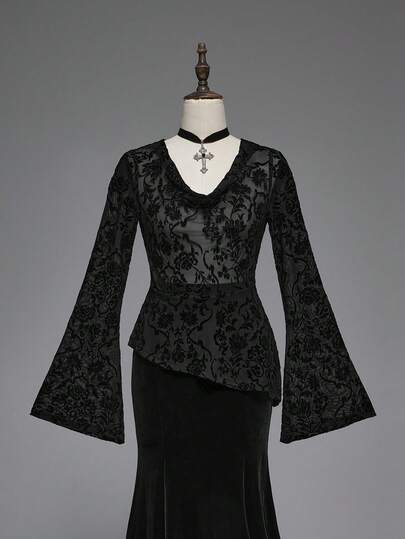 Goth Blouse ample à manches évasées avec motif floral floqué gothique