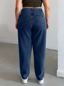 EURMUSE Plus High Waist Snow Wash Mom Fit Jeans - Dark Wash - View 2