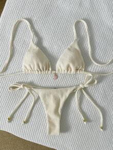 Swim Mod 女士提花面料吊带金属装饰性感比基尼套装，夏季 - 米色 - 查看 3