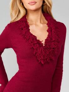 MISSGUIDED Burgundy Knitted Fringe Detail Plunge Neck Long Sleeve Mini Sweater Dress Fall Winter Cozy Bodycon - Rose Red - View 5