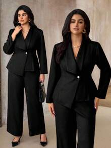 Roveilla 大码秋冬欧美风梭织西装套装，法式修身直筒裤，时尚优雅的OL套装，女士西装外套套装，商务休闲两件套，黑色西装两件套，尽显女性优雅气质 - 黑色 - 查看 7