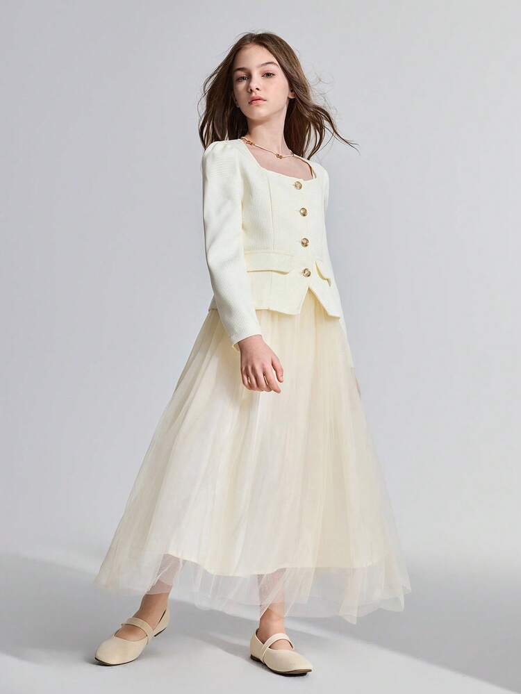 Tween Girl Elegant Mesh Skirt Suit