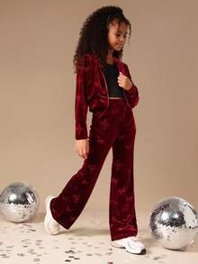 SUMWON Tween Girls Burgundy Velvet Butterfly Print Hoodie Sweatshirt Co-Ord Set Long Sleeve Zip Up Tracksuit Winter Fall