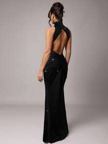 Silquee 女士优雅派对露背挂脖亮片连衣裙 - 黑色 - 查看 2