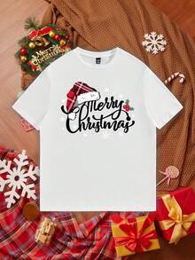 Manfinity Homme 圣诞字母和卡通印花圆领针织短袖T恤 - 白色 - 查看 3