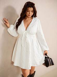 Elaquor Plus Size Solid Color Minimalist V-Neck Tie Front Long Sleeve Dress - White - View 1