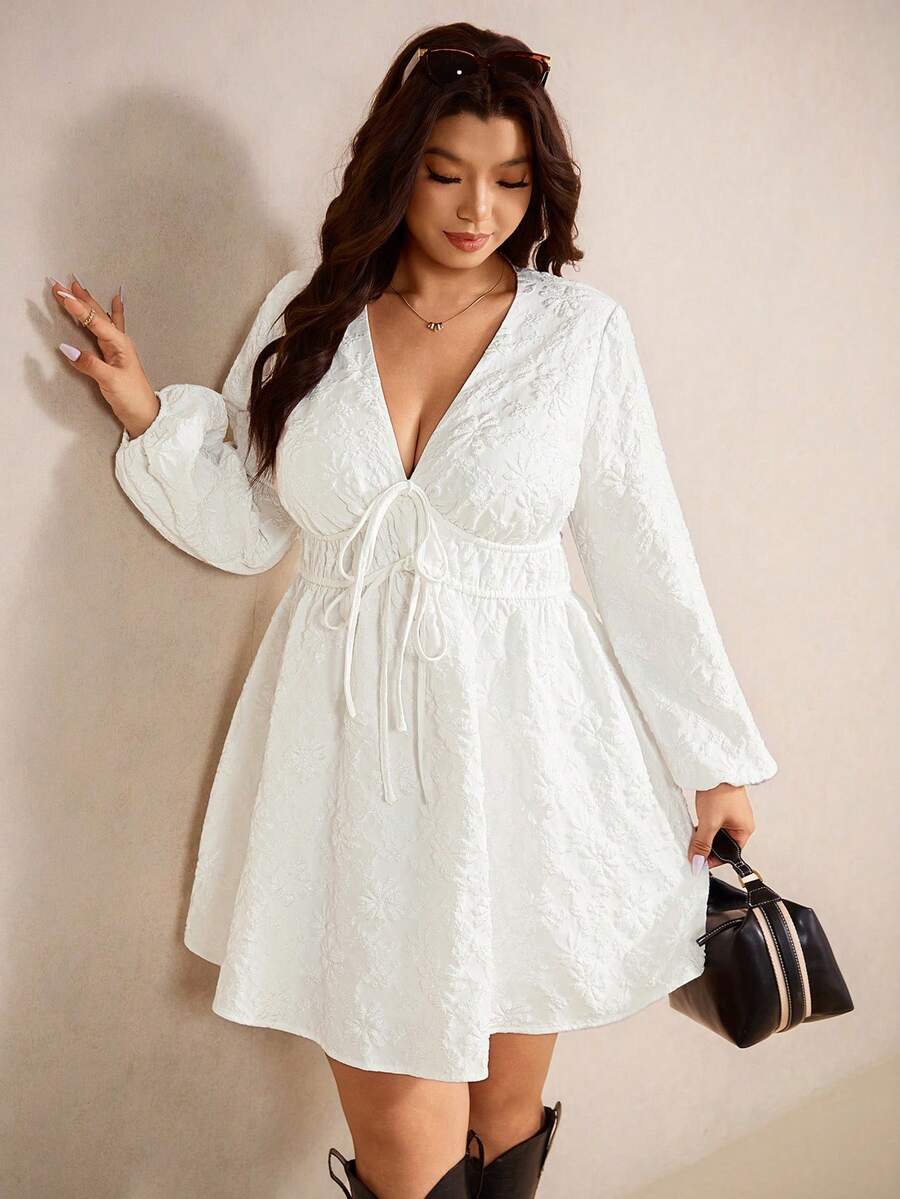 Elaquor Plus Size Solid Color Minimalist V-Neck Tie Front Long Sleeve Dress - White - View 1