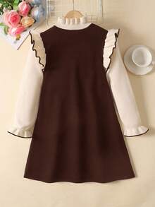 SHEIN Tween Girls Apricot Dark Brown Jacquard Bow Tie Off-The-Shoulder Long Sleeve Sweater Dress,Vintage Autumn Back-To-School Family Matching Formal Dress - Brown - View 13