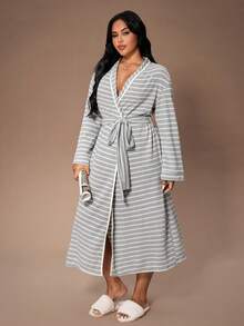 Lazeform Plus Size Casual Striped Long Sleeve Women Robe, For Fall & Winter