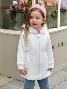 Young Girl Fuzzy Trim Hooded Thermal Lined Coat Without Sweater - White - View 5