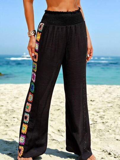 SHEIN Swim 女士度假腰部抽绳钩针图案宽松阔腿裤