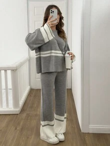 SHEIN Tall Damen gestreifter Pullover und Pulloverhose Zweiteiler Pullover-Set, für große Frauen - Grau - Übersicht 7