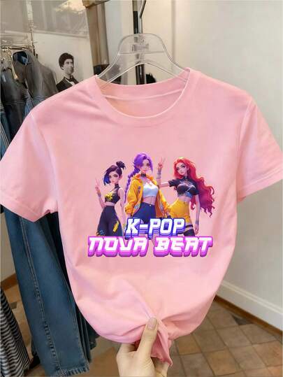 1pc Cute Kpop Girl Cartoon Character Print Loose Fit Pink Short Sleeve Top, Suitable For Tween Girls, Great For Seasonal Wear Spring, Summer, Autumn, Winter, Perfect Christmas Gift For Girls